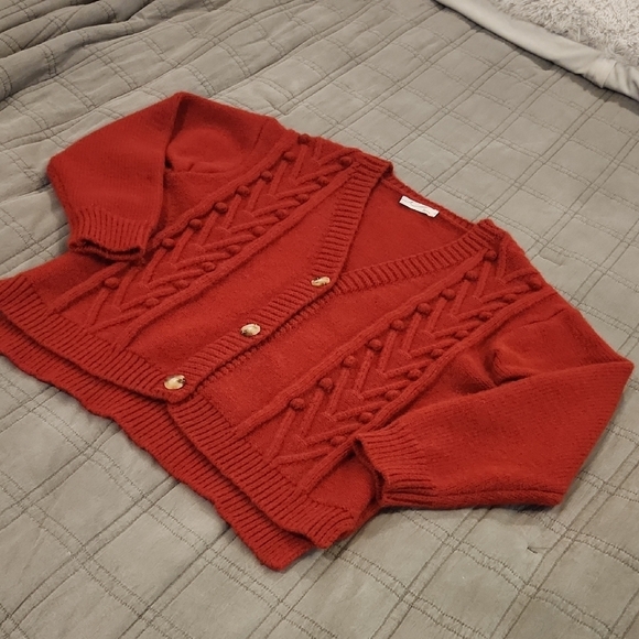 By Egreis Sweaters - Chic Rusty Red Cable Knit Cardigan Swater By Egreis Size L!